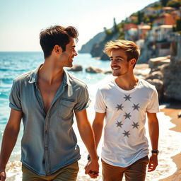 Two young men deeply in love, walking hand in hand along the sun-drenched coast of Italy