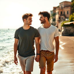 Two young men deeply in love, walking hand in hand along the sun-drenched coast of Italy