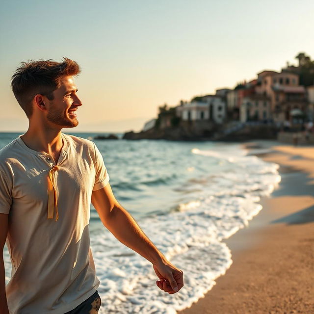 Two young men deeply in love, walking hand in hand along the sun-drenched coast of Italy