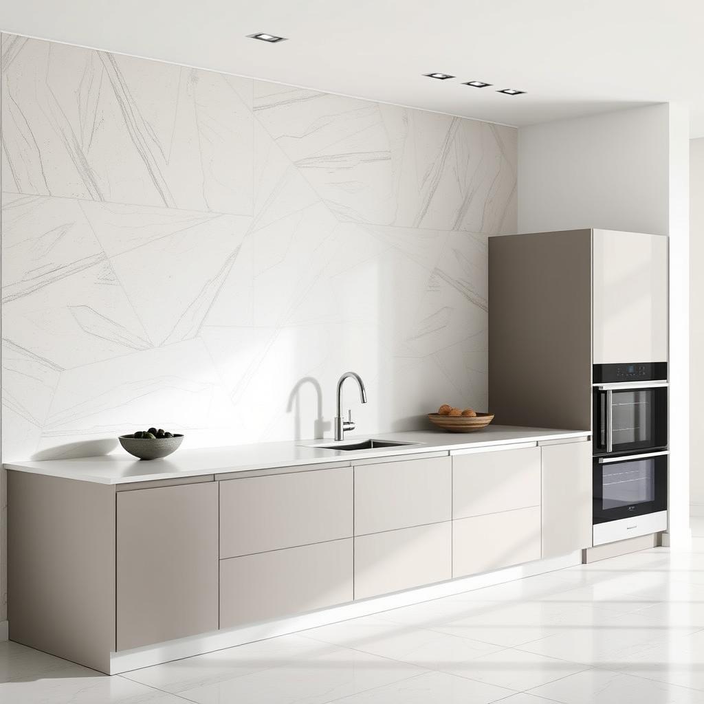 A modern kitchen featuring a wall entirely covered with sleek and contemporary decorative plaster