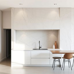 A modern kitchen featuring a wall entirely covered with sleek and contemporary decorative plaster