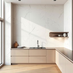 A modern kitchen featuring a wall entirely covered with sleek and contemporary decorative plaster