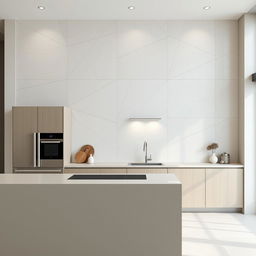 A modern kitchen featuring a wall entirely covered with sleek and contemporary decorative plaster