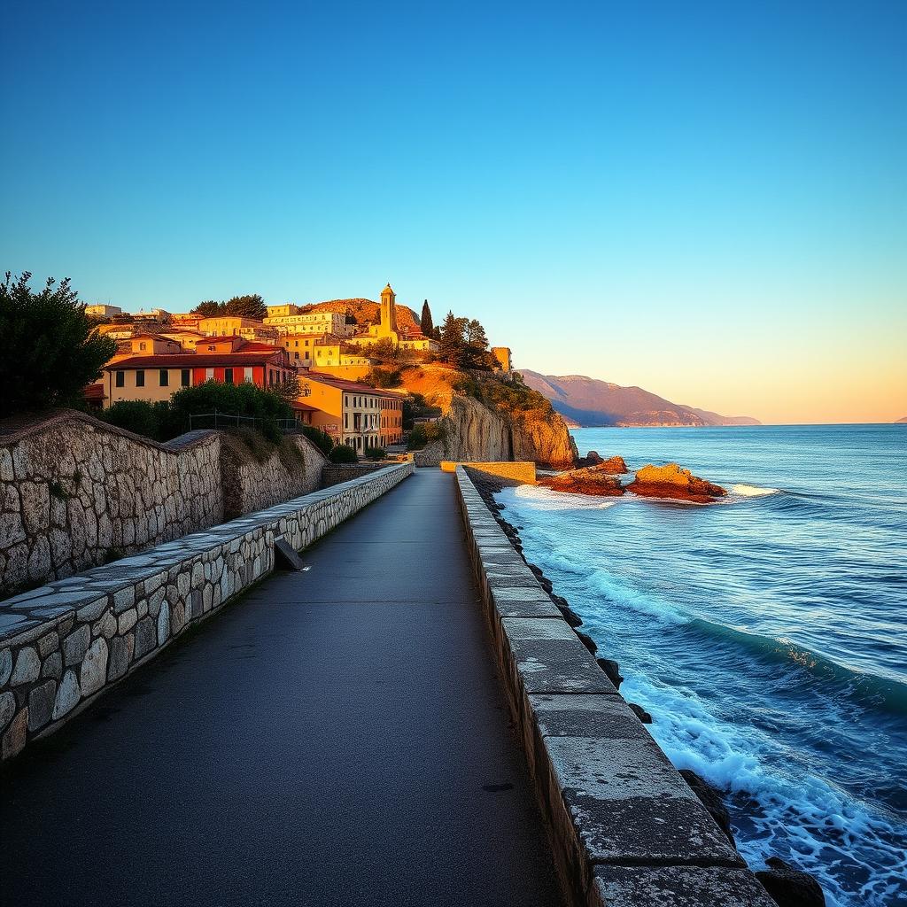 An empty walking path along the sun-drenched coast of Italy, evoking a sense of nostalgic romance and foreboding