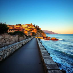 An empty walking path along the sun-drenched coast of Italy, evoking a sense of nostalgic romance and foreboding