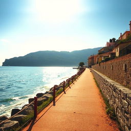 An empty walking path along the sun-drenched coast of Italy, evoking a sense of nostalgic romance and foreboding