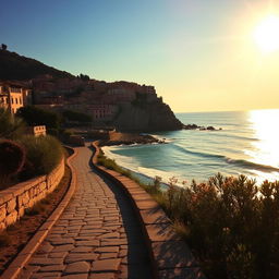 An empty walking path along the sun-drenched coast of Italy, evoking a sense of nostalgic romance and foreboding