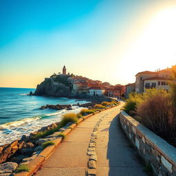 An empty walking path along the sun-drenched coast of Italy, evoking a sense of nostalgic romance and foreboding