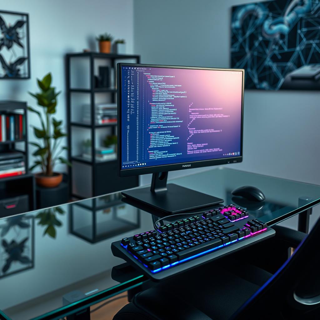 A sleek and modern desktop computer setup on a glass table, with a high-resolution monitor displaying colorful coding interface