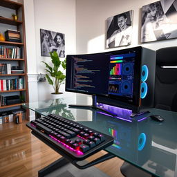 A sleek and modern desktop computer setup on a glass table, with a high-resolution monitor displaying colorful coding interface