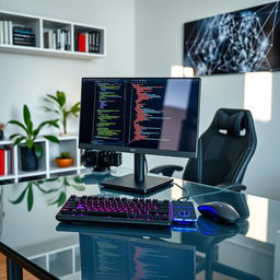 A sleek and modern desktop computer setup on a glass table, with a high-resolution monitor displaying colorful coding interface