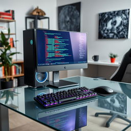 A sleek and modern desktop computer setup on a glass table, with a high-resolution monitor displaying colorful coding interface