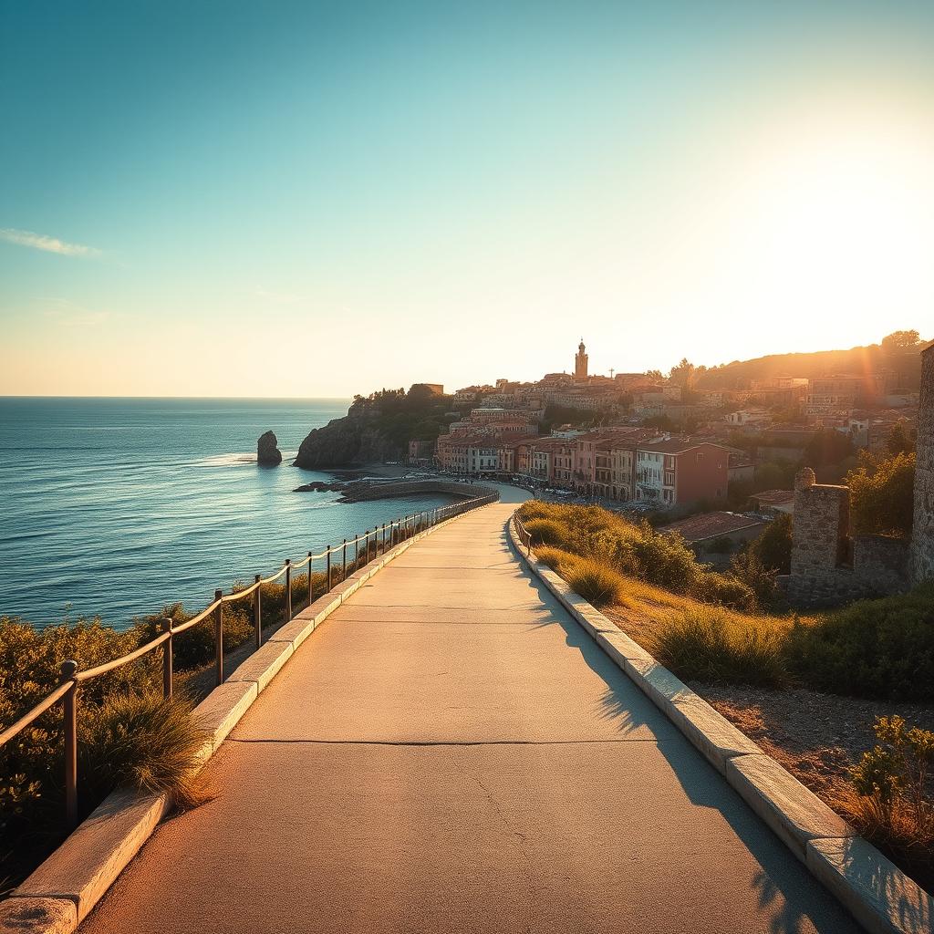 An empty walking path along the sun-drenched coast of Italy, capturing the idyllic beauty and haunting tragedy of a summer romance