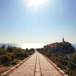 An empty walking path along the sun-drenched coast of Italy, capturing the idyllic beauty and haunting tragedy of a summer romance