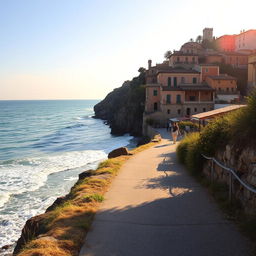 An empty walking path along the sun-drenched coast of Italy, capturing the idyllic beauty and haunting tragedy of a summer romance