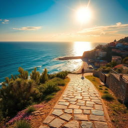 An empty walking path along the sun-drenched coast of Italy, capturing the idyllic beauty and haunting tragedy of a summer romance