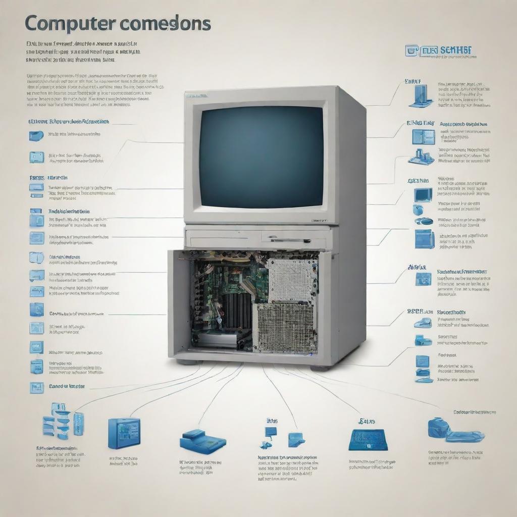 An informative infographic illustrating the concept of a Computer System, detailing its definition and showcasing the essential parts and components making up the same.