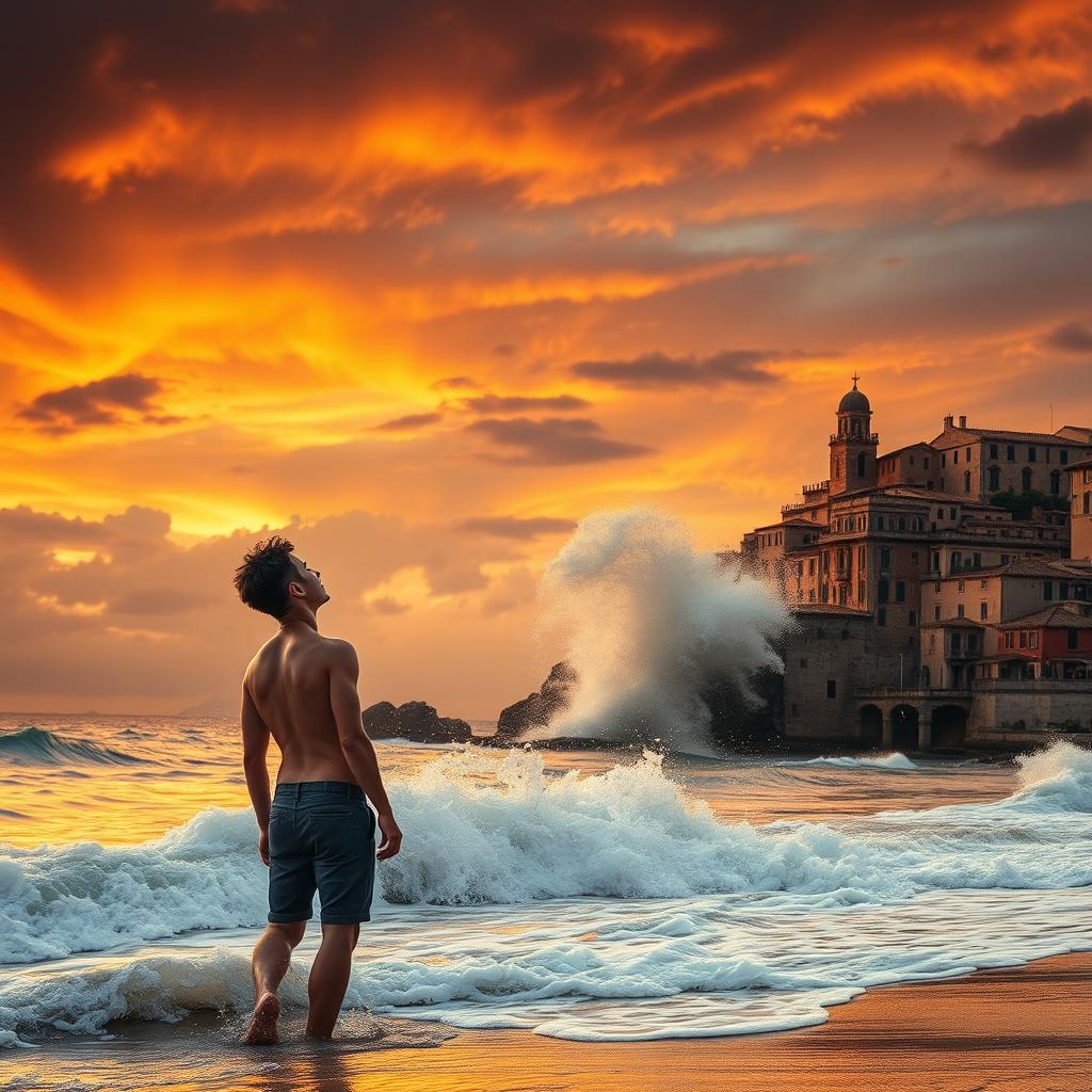 Two young men on the Italian coast, captured in a dramatic moment filled with intense emotion