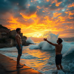 Two young men on the Italian coast, captured in a dramatic moment filled with intense emotion