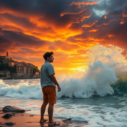 Two young men on the Italian coast, captured in a dramatic moment filled with intense emotion