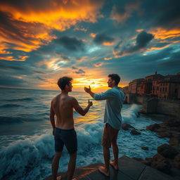 Two young men on the Italian coast, captured in a dramatic moment filled with intense emotion