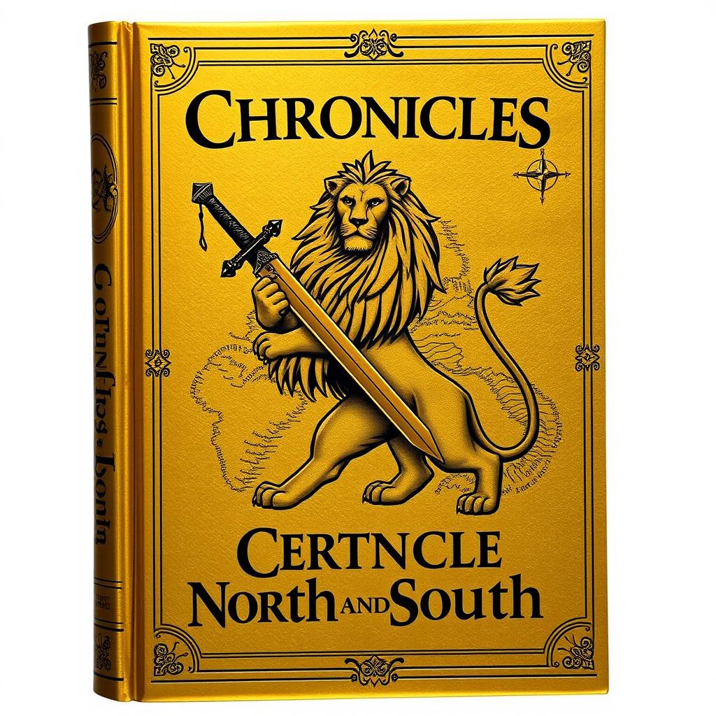 A golden-colored book cover featuring a majestic lion holding a sword in its mouth