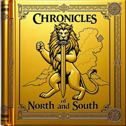 A golden-colored book cover featuring a majestic lion holding a sword in its mouth