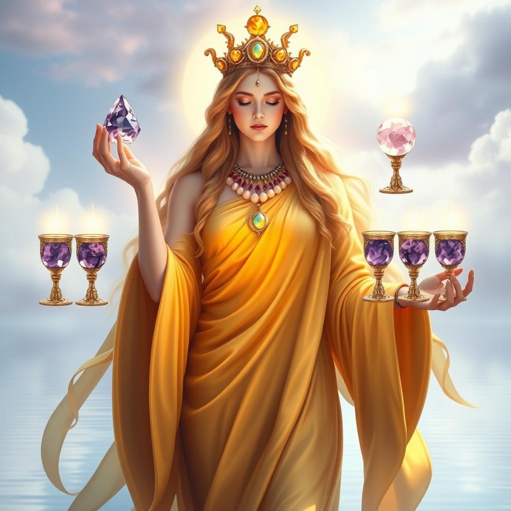 A serene goddess of harmony draped in a gold flowing dress, radiating warmth and balance