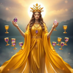 A serene goddess of harmony draped in a gold flowing dress, radiating warmth and balance