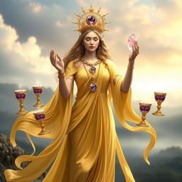 A serene goddess of harmony draped in a gold flowing dress, radiating warmth and balance