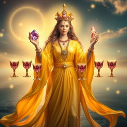 A serene goddess of harmony draped in a gold flowing dress, radiating warmth and balance