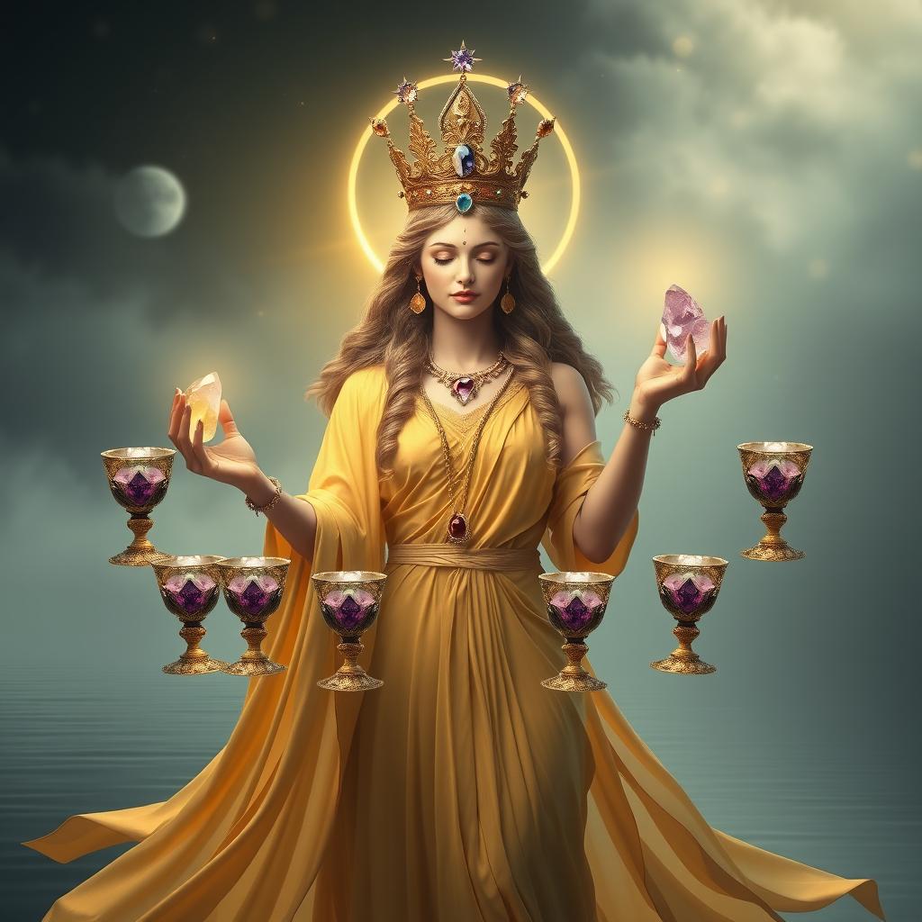 A serene goddess of harmony draped in a gold flowing dress, radiating warmth and balance