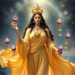 A serene goddess of harmony draped in a gold flowing dress, radiating warmth and balance