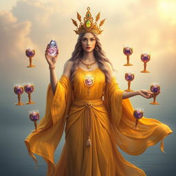 A serene goddess of harmony draped in a gold flowing dress, radiating warmth and balance