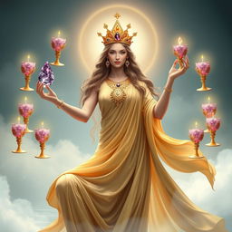 A serene goddess of harmony draped in a gold flowing dress, radiating warmth and balance