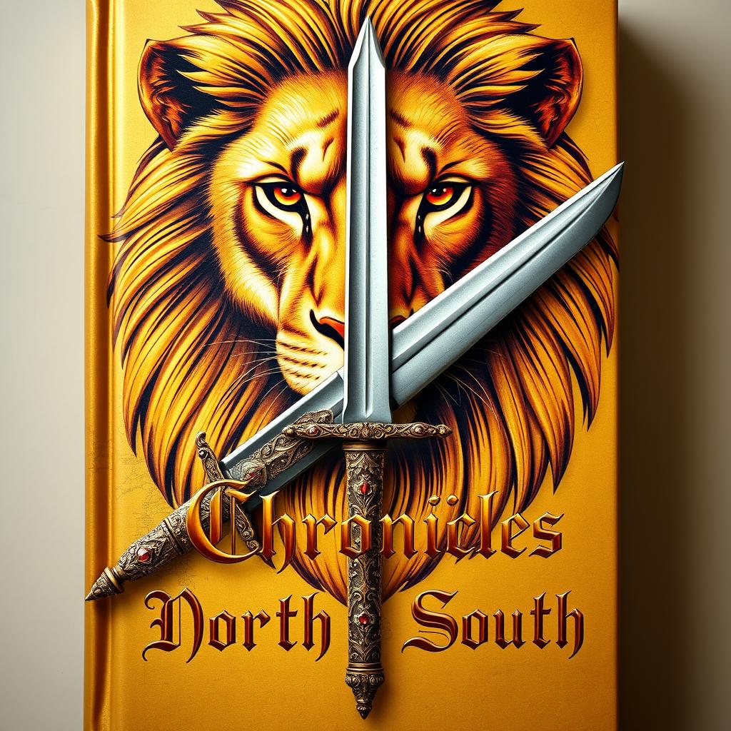 A golden-colored book cover featuring the face of a majestic lion and a beautifully ornate female warrior's sword