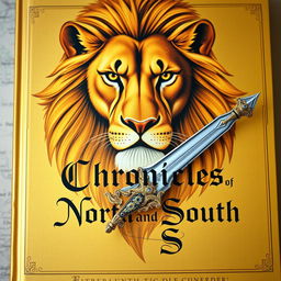 A golden-colored book cover featuring the face of a majestic lion and a beautifully ornate female warrior's sword