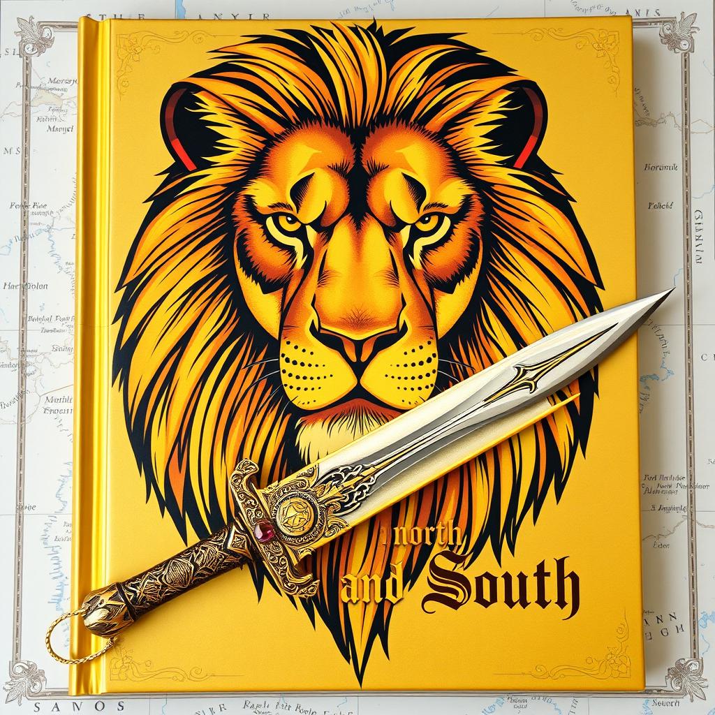 A golden-colored book cover featuring the face of a majestic lion and a beautifully ornate female warrior's sword