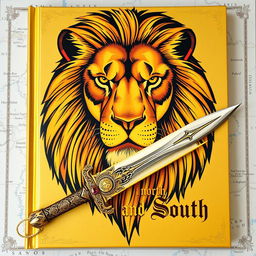 A golden-colored book cover featuring the face of a majestic lion and a beautifully ornate female warrior's sword