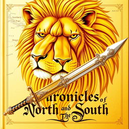 A golden-colored book cover featuring the face of a majestic lion and a beautifully ornate female warrior's sword