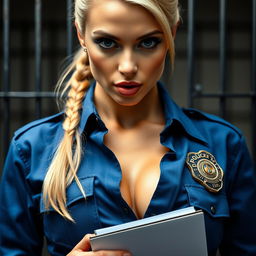 A striking close-up of a gorgeous police officer with a blond ponytail neatly tied back