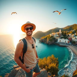 A young man enjoying the scenic views of Ischia, Italy, standing on a rocky cliff overlooking the vivid turquoise sea