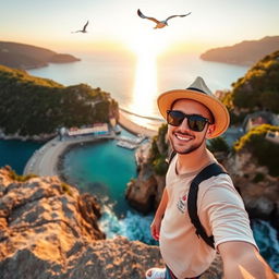 A young man enjoying the scenic views of Ischia, Italy, standing on a rocky cliff overlooking the vivid turquoise sea