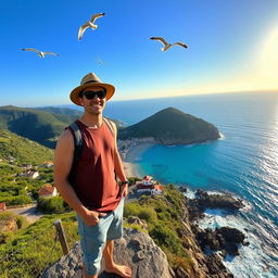 A young man enjoying the scenic views of Ischia, Italy, standing on a rocky cliff overlooking the vivid turquoise sea