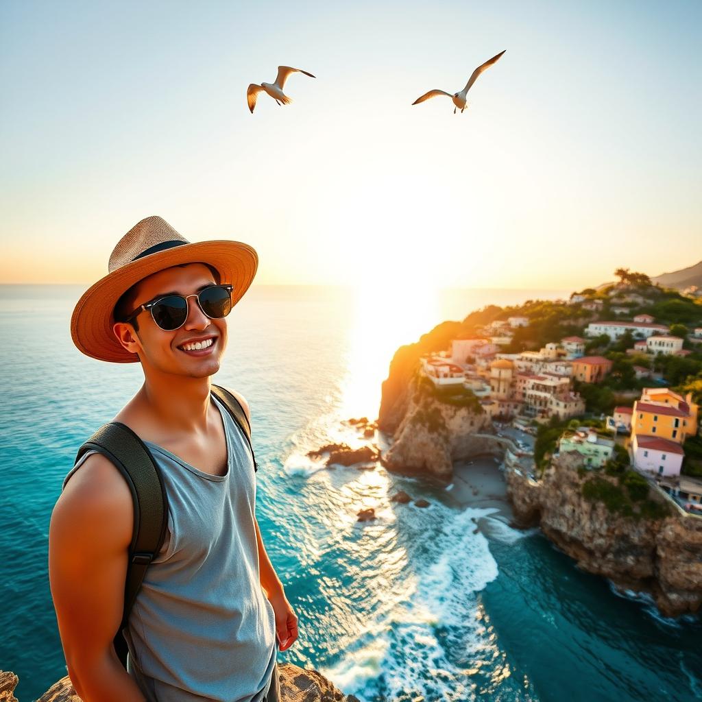 A young man enjoying the scenic views of Ischia, Italy, standing on a rocky cliff overlooking the vivid turquoise sea