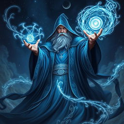 A powerful and mystical portal wizard crafting an ethereal gateway between dimensions, adorned in flowing deep-blue and silver robes with intricate arcane symbols