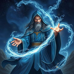 A powerful and mystical portal wizard crafting an ethereal gateway between dimensions, adorned in flowing deep-blue and silver robes with intricate arcane symbols