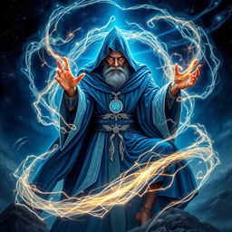 A powerful and mystical portal wizard crafting an ethereal gateway between dimensions, adorned in flowing deep-blue and silver robes with intricate arcane symbols