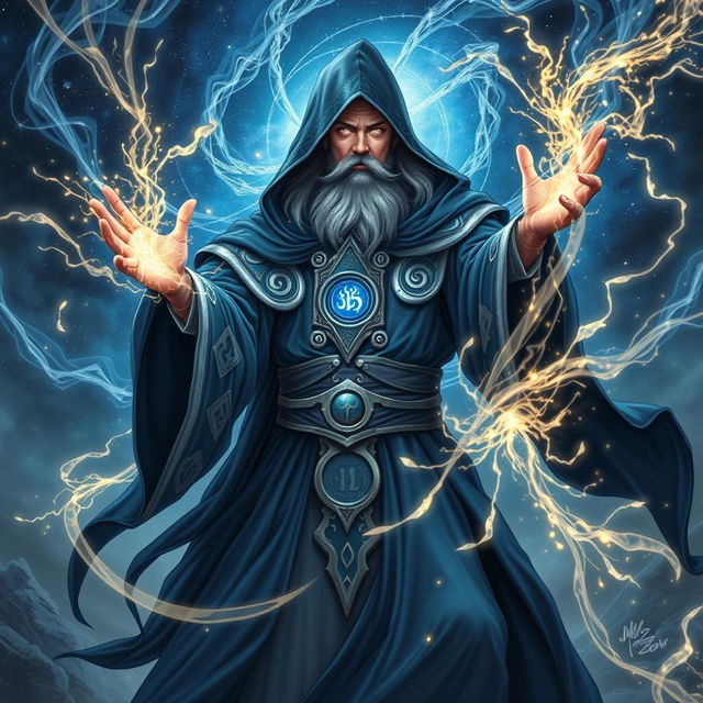 A powerful and mystical portal wizard crafting an ethereal gateway between dimensions, adorned in flowing deep-blue and silver robes with intricate arcane symbols