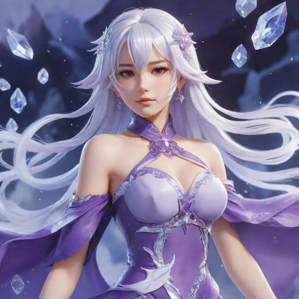 A detailed illustration of Shenhe, a character from Genshin Impact with her white hair and an exotic purple dress, surrounded by icy shards